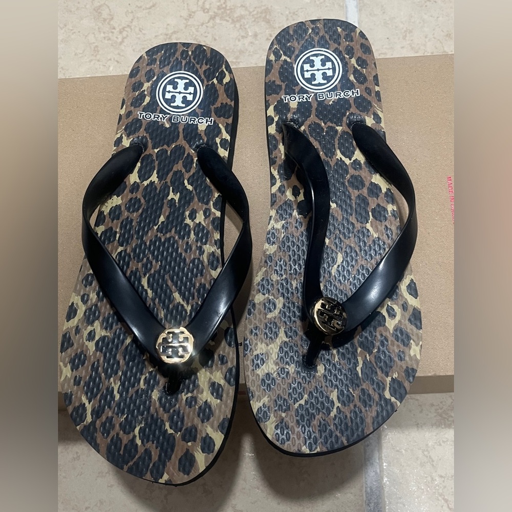 Tory Burch Leopard Print Flip Flops with Black Accents